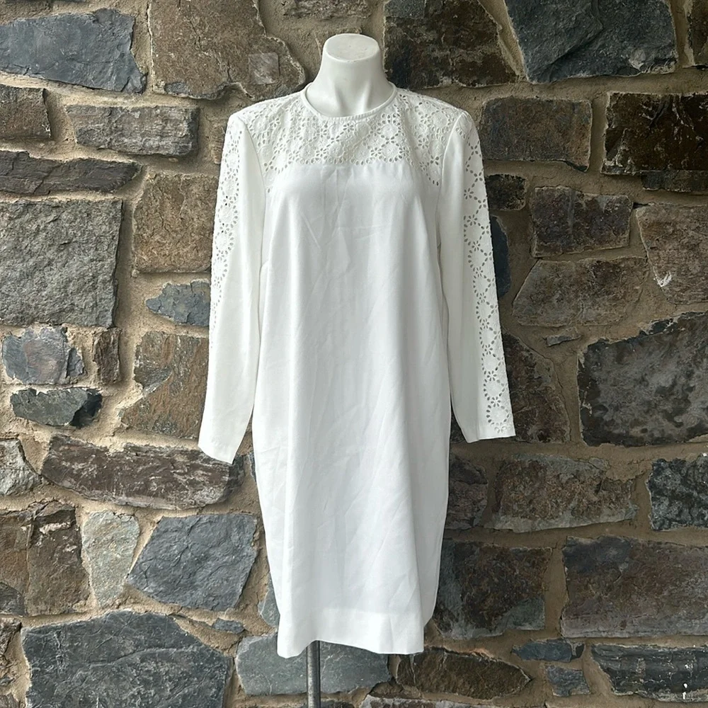 J. Crew White Laser-Cut Eyelet Lace Long Sleeve Shift Dress in 365 Crepe Size 14